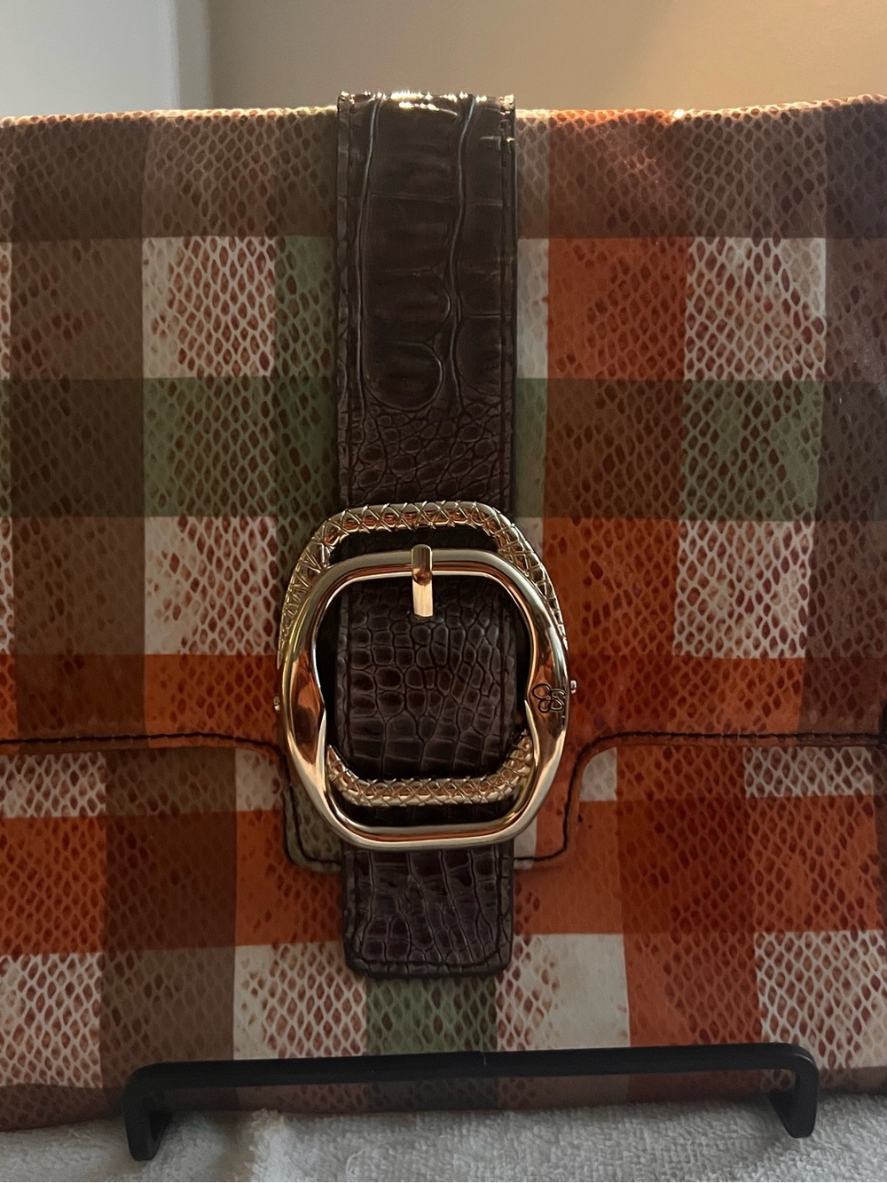 Brown Croc-Accent Buckle Plaid Clutch